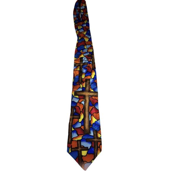 Vintage 1998 Ralph Marlin stained Glass With Crosses Rm Style Novelty Neck Tie - Picture 1 of 4